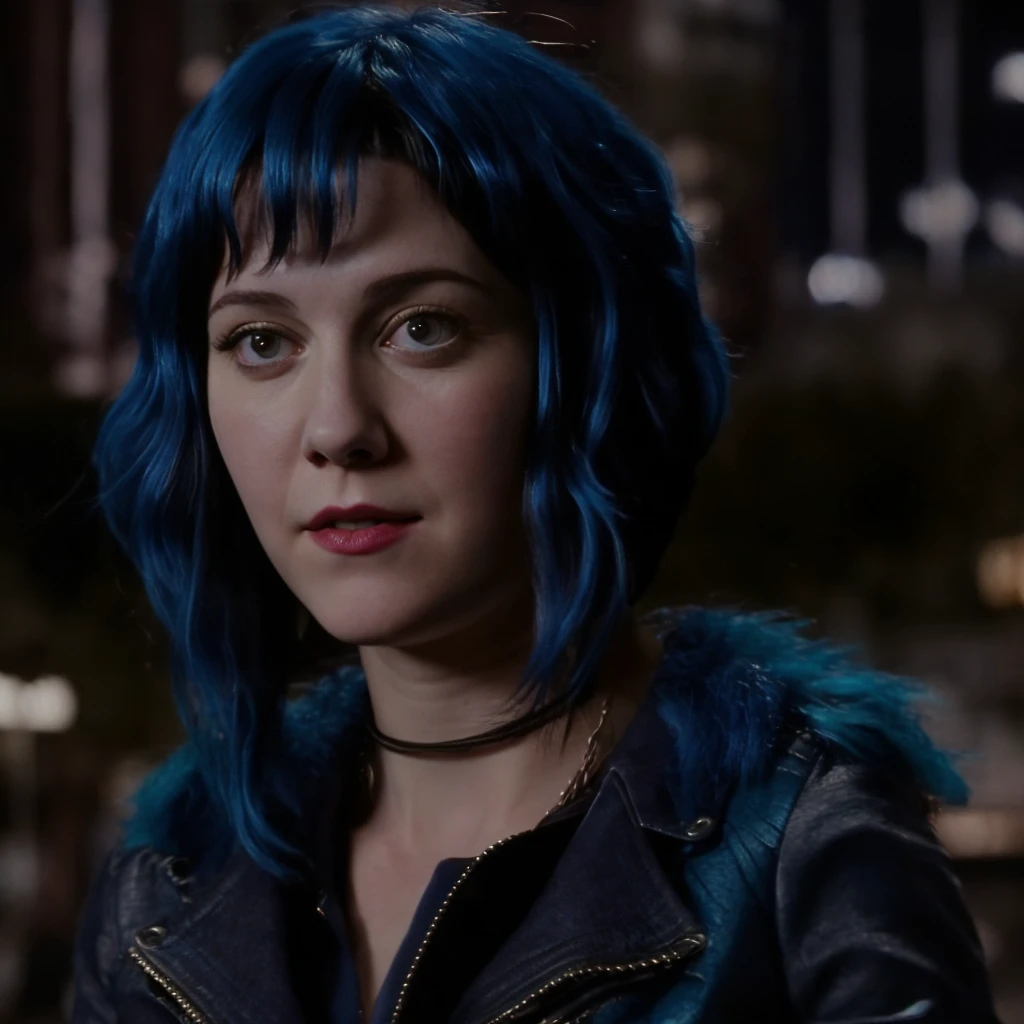 a picture of (ohwx woman:1.1), blue short bob hair,realistic, photorealistic, detailed skin, surface scattering, bokeh, skin pores,  city streets,wearing a jacket,outdoors, looking at viewer,detailed face,subtle smile, Ramona flowers  hair,with blue hair  