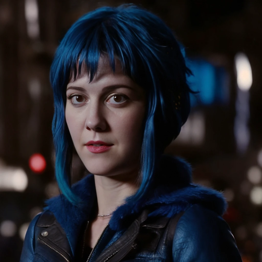 a picture of (ohwx woman:1.1), blue short bob hair,realistic, photorealistic, detailed skin, surface scattering, bokeh, skin pores,  city streets,wearing a jacket,outdoors, looking at viewer,detailed face,subtle smile, Ramona flowers  hair,with blue hair  