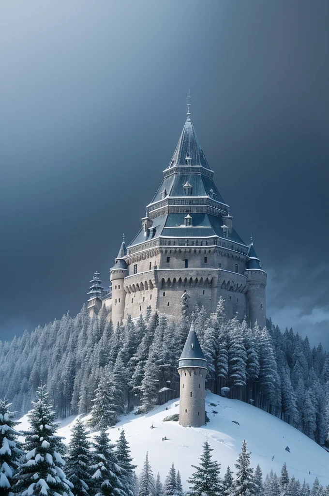 A grey fortress on a hillside surrounded by a pine forest in a cold snowy ambience. The watchtower's triangular roofs are blue and the shell keep domed roof is green. The castle walls are white. The castle also has a godswood with a weirwood tree.