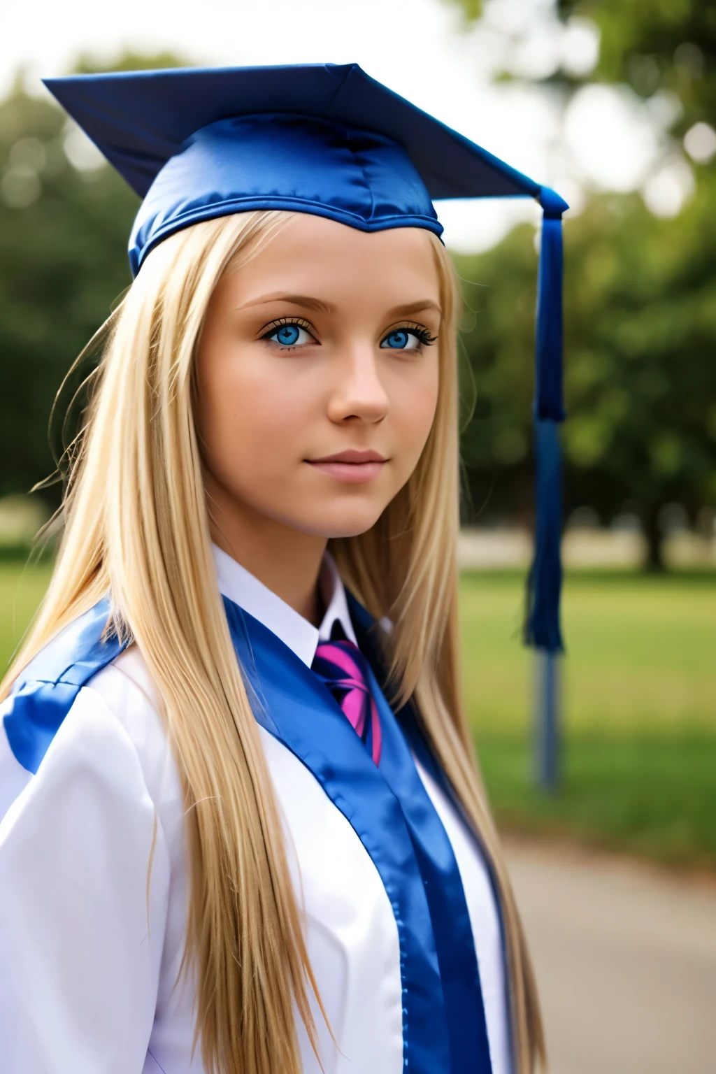 blonde girl with blue eyes facing forward. She has just graduated highschool