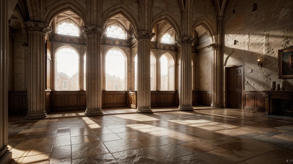 cloister in 1920, stone floor, arches and columns, soft light filtering through narrow windows, medieval architecture, soothing atmosphere, (best quality,4k,8k,highres,masterpiece:1.2),ultra-detailed,(realistic,photorealistic,photo-realistic:1.37),dramatic lighting,warm color tones,cinematic composition