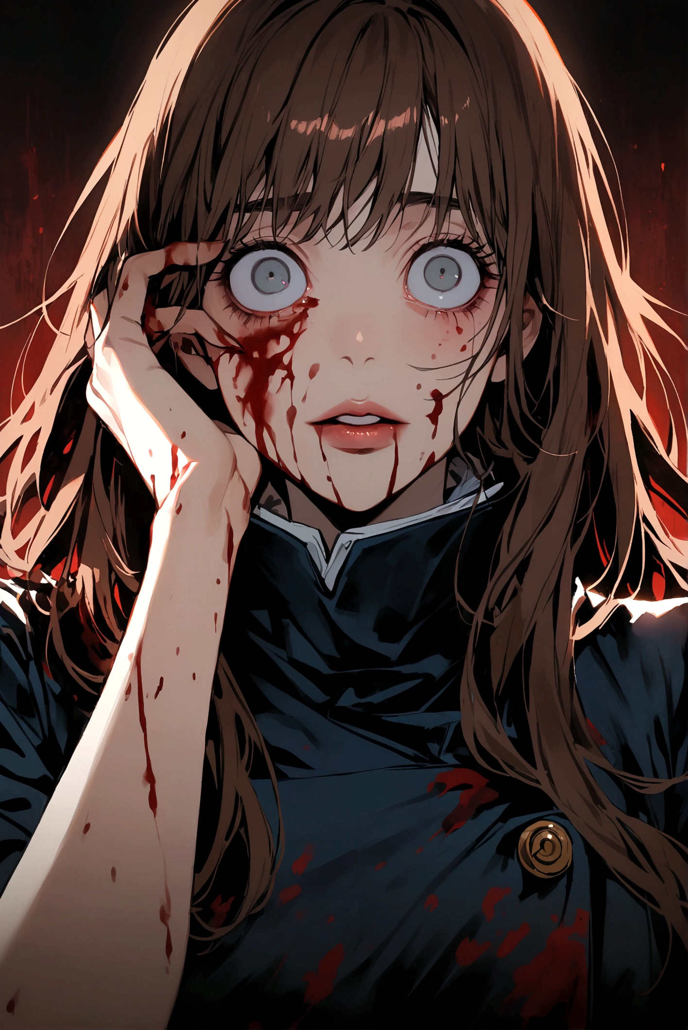 a girl with short brown hair, with bright gray eyes, her lips are pink, He wears the uniform from the anime Jujutsu Kaisen and his left arm has shiny black spots..., long hair, horror scene, on his face there are blood stains on his entire body, terrifying, evil