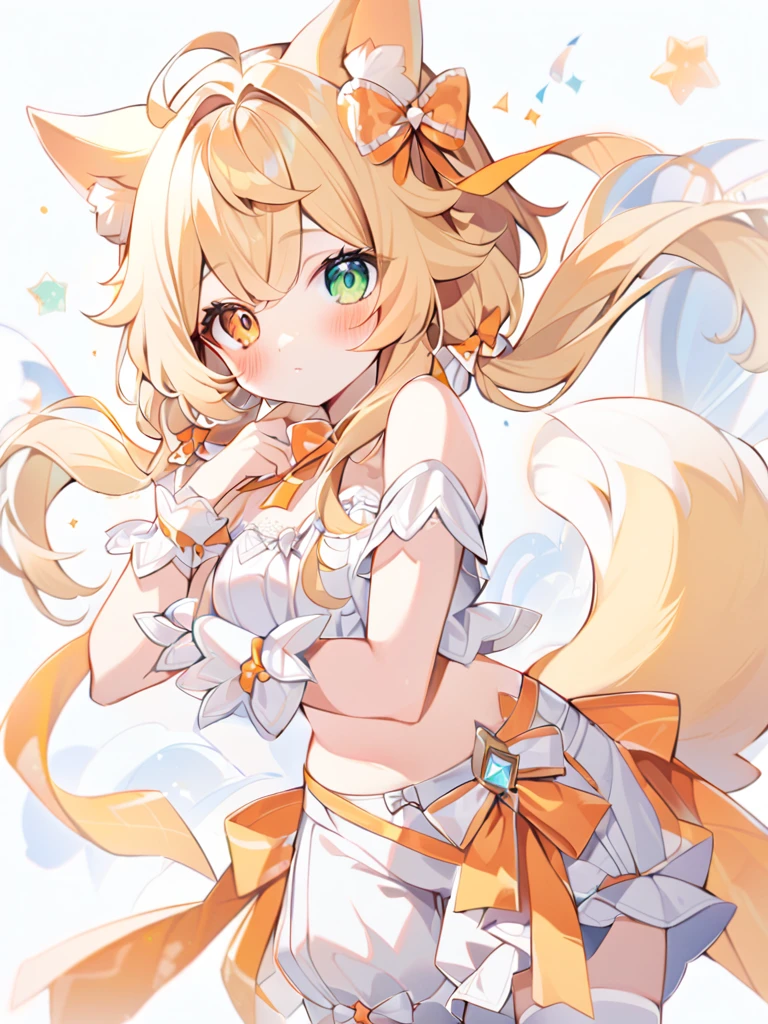 very delicate art, delicate colors,1girl, animal ears, bangs, bare shoulders, blonde hair, blush, bow, breasts, white cleavage, cropped torso, , green eyes, hair ribbon, heterochromia, stlooking at viewer, , orange bow, orange eyes, orange ribbon, ears like an unearthly animal, fluffy tail, light tail, real tail, ribbon, solo, stuffed animal, stuffed bunny, stuffed toy, twintails, upper body, full-length, white legbands, white shoes with lace and white bows, white background, wrist cuffs, yellow eyes, bloomers, close-up, fair skin frills, lace, midriff, skirt, solo, , white background,shorts, white top with ribbon and lace and trousers,trousers, genshin,white slippers with a bow,All clothes are white, laceAt full height, it stands, в полный рост