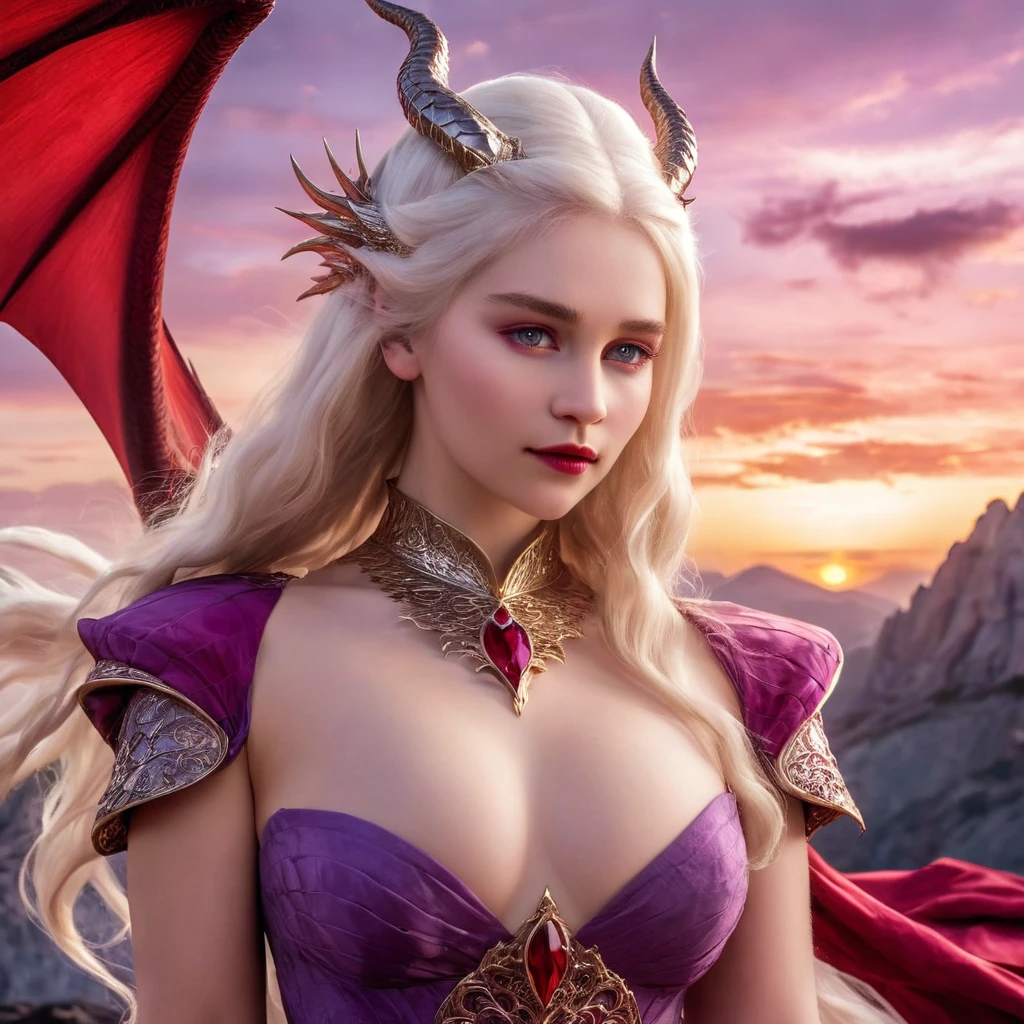 Queen of the White Dragon, young woman, "EMÍLIACLARKE", elegant Ruby dress, large breast, Curvy, hair blonde targaryen, Super Long Hair, soft facial features, White dragon horns on his head, majestic woman, silver decoration on her Ruby dress, Silver Star Queen, Big violet eyes, nud lips, White dragons, starly sky