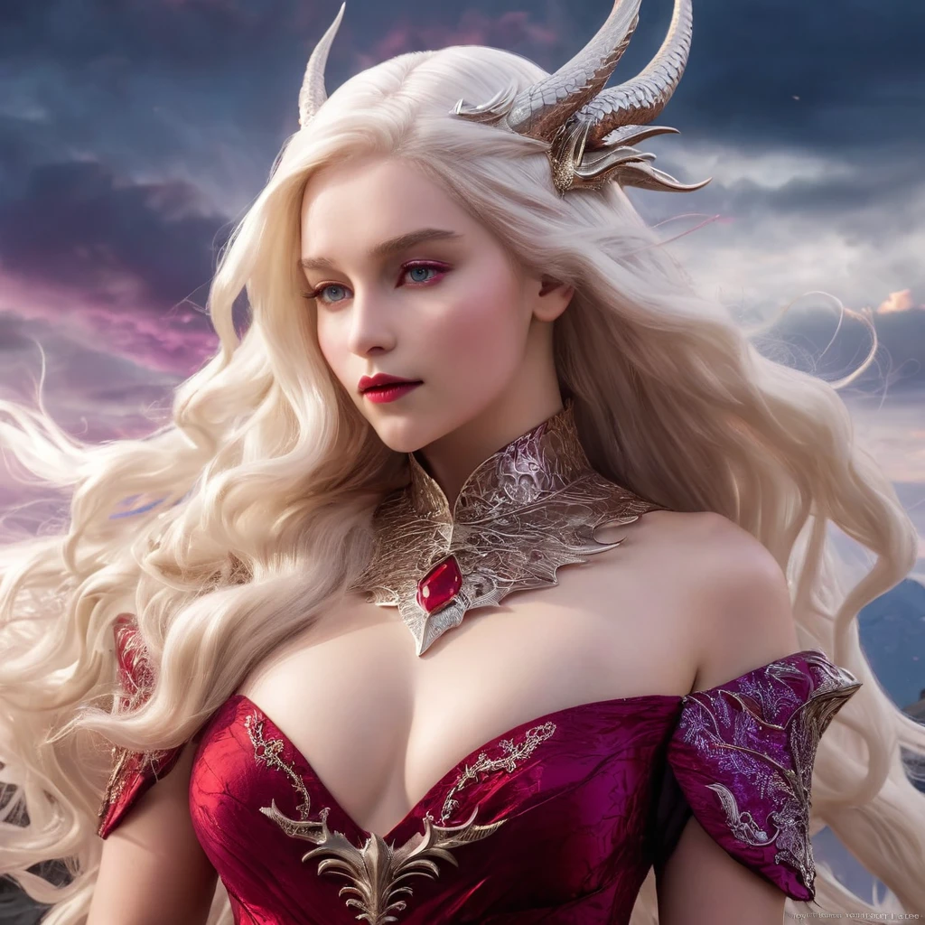 Queen of the White Dragon, young woman, "EMÍLIACLARKE", elegant Ruby dress, large breast, Curvy, hair blonde targaryen, Super Long Hair, soft facial features, White dragon horns on his head, majestic woman, silver decoration on her Ruby dress, Silver Star Queen, Big violet eyes, nud lips, White dragons, starly sky