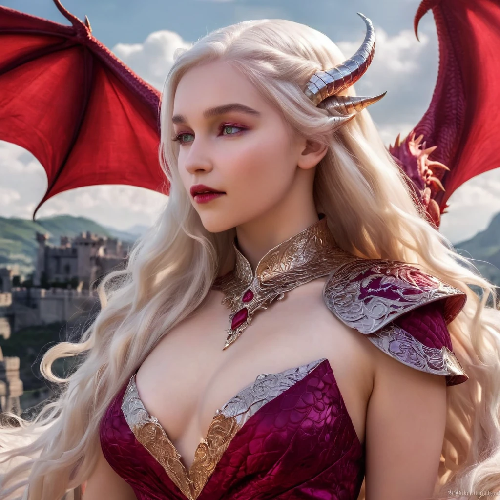 Queen of the White Dragon, young woman, "EMÍLIACLARKE", elegant Ruby dress, large breast, Curvy, hair blonde targaryen, Super Long Hair, soft facial features, White dragon horns on his head, majestic woman, silver decoration on her Ruby dress, Silver Star Queen, Big violet eyes, nud lips, White dragons, starly sky