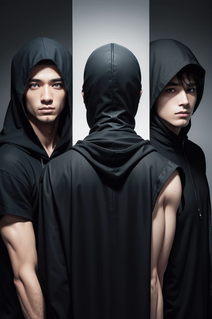Four men in black back to back, hooded black background