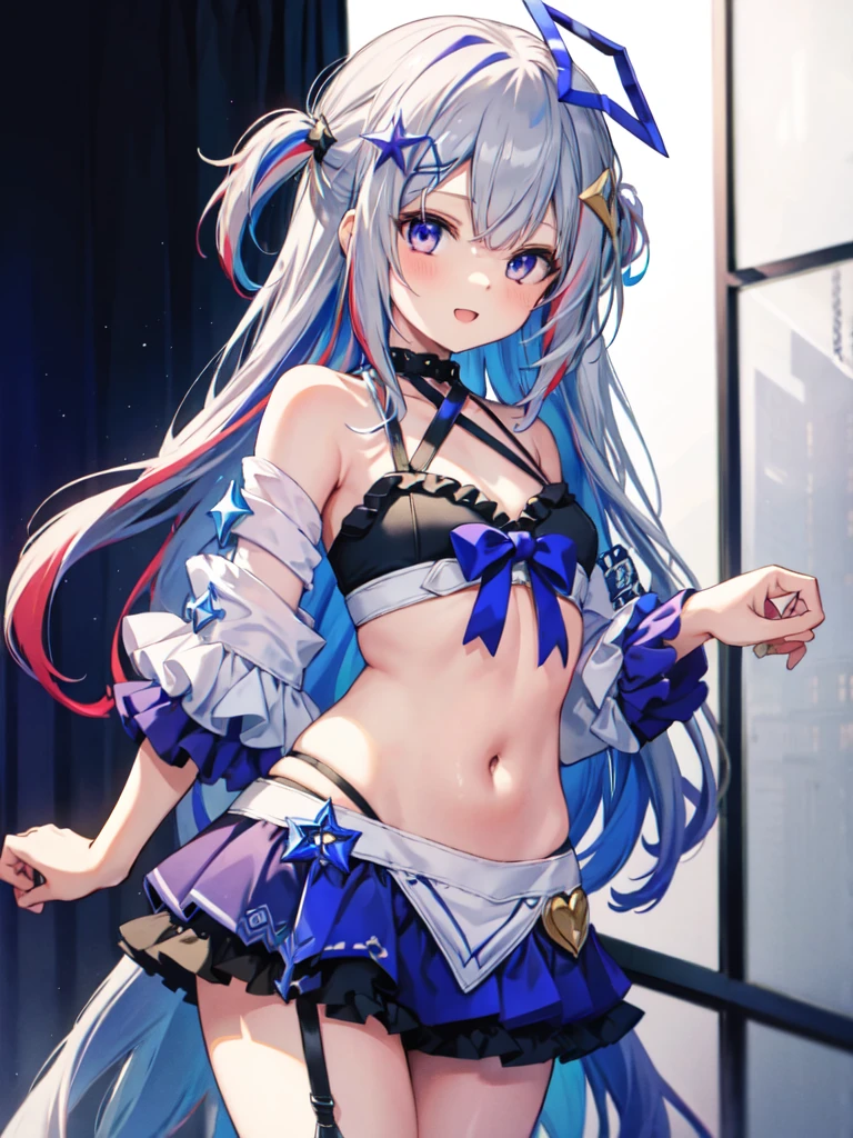 1girl, long hair, multicolored hair, official alternate hair length, grey hair, colored inner hair, blue hair, purple eyes, halo, star halo, hair ornament, looking at viewer, bangs, open mouth, two side up, frills, hairclip, cowboy shot, sea, bikini, smile, swimsuit