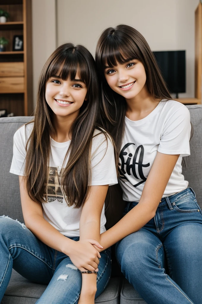 Two girls, 21 years old girl, details beautiful, dark brown long hair with bangs, blonde hair, sitting, two girls sitting together, Tshirtsblack,jeans, beautiful, details, smiles,in the living room,