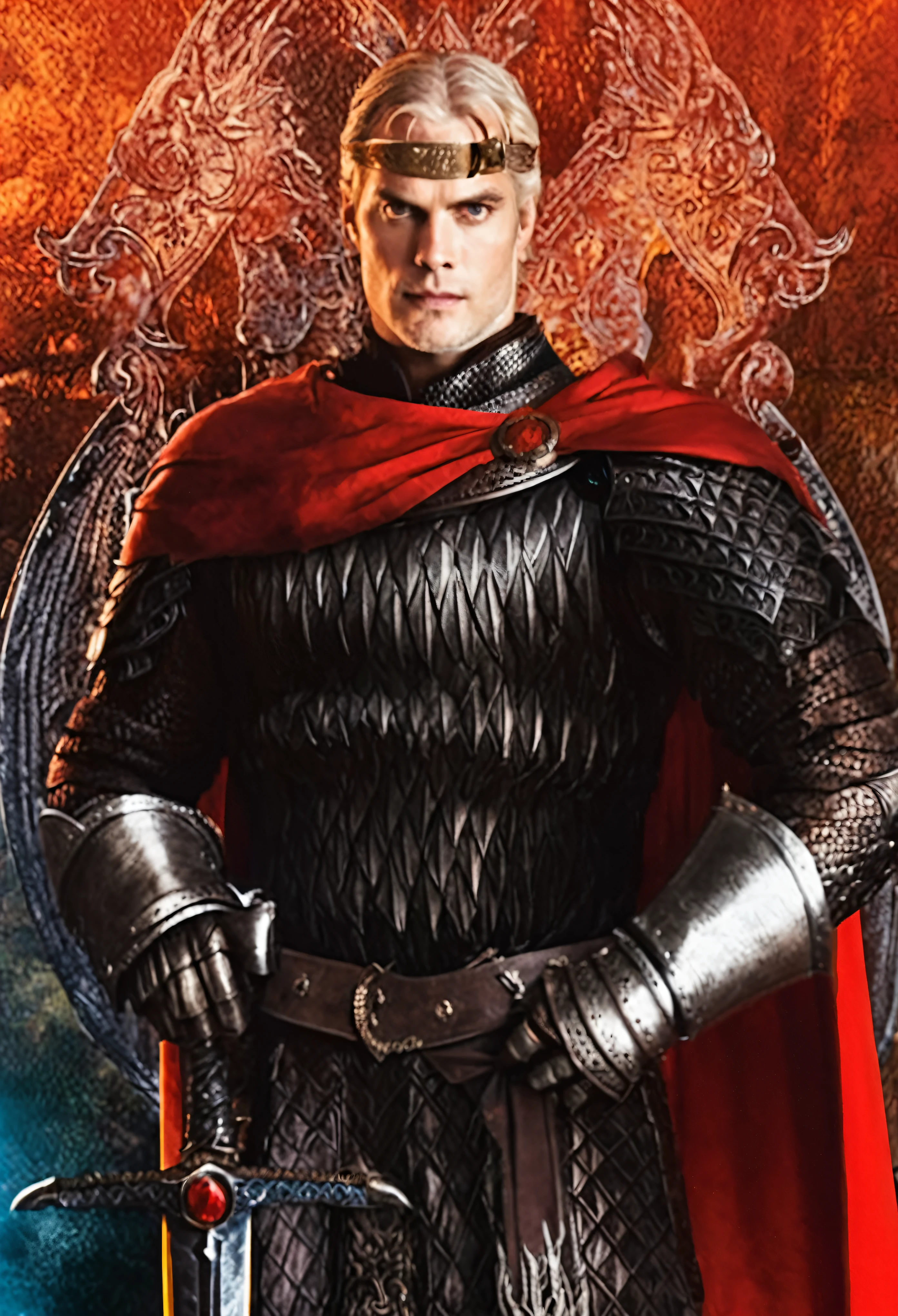 a close up of a man in armor with a sword, great king of stovokor, king arthur, henry cavill as arthas menethil, portrait of homelander, arsen lupin as a paladin, henry cavill as a warrior, son of sparda, he's very menacing and evil, silver armor and red clothing
