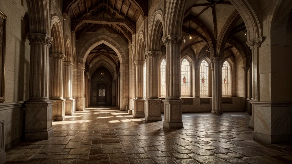 cloister corridor in 1920, stone floor, arches and columns, dim light filtering through narrow windows, medieval architecture, soothing atmosphere, (best quality,4k,8k,highres,masterpiece:1.2),ultra-detailed,(realistic,photorealistic,photo-realistic:1.37),dim lighting,warm color tones,cinematic composition