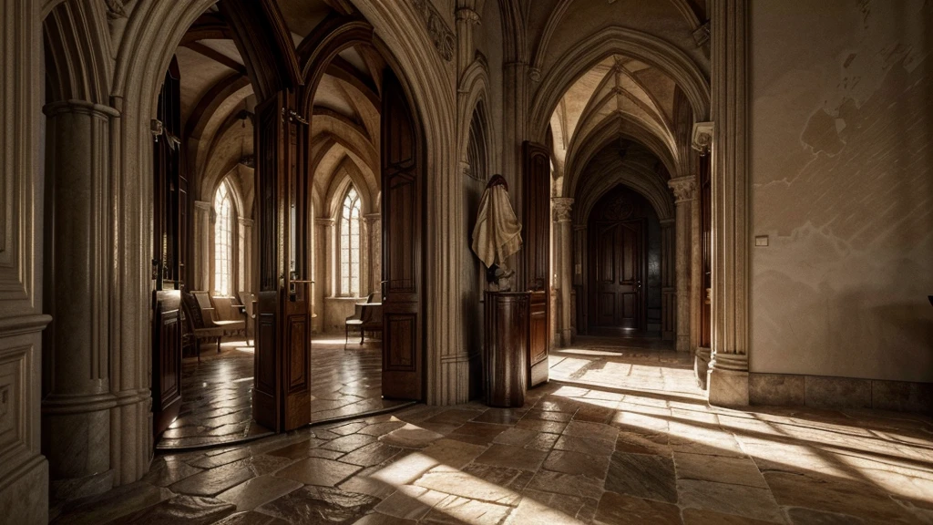 cloister corridor in 1920, stone floor, arches and columns, dim light filtering through narrow windows, medieval architecture, soothing atmosphere, (best quality,4k,8k,highres,masterpiece:1.2),ultra-detailed,(realistic,photorealistic,photo-realistic:1.37),dim lighting,warm color tones,cinematic composition