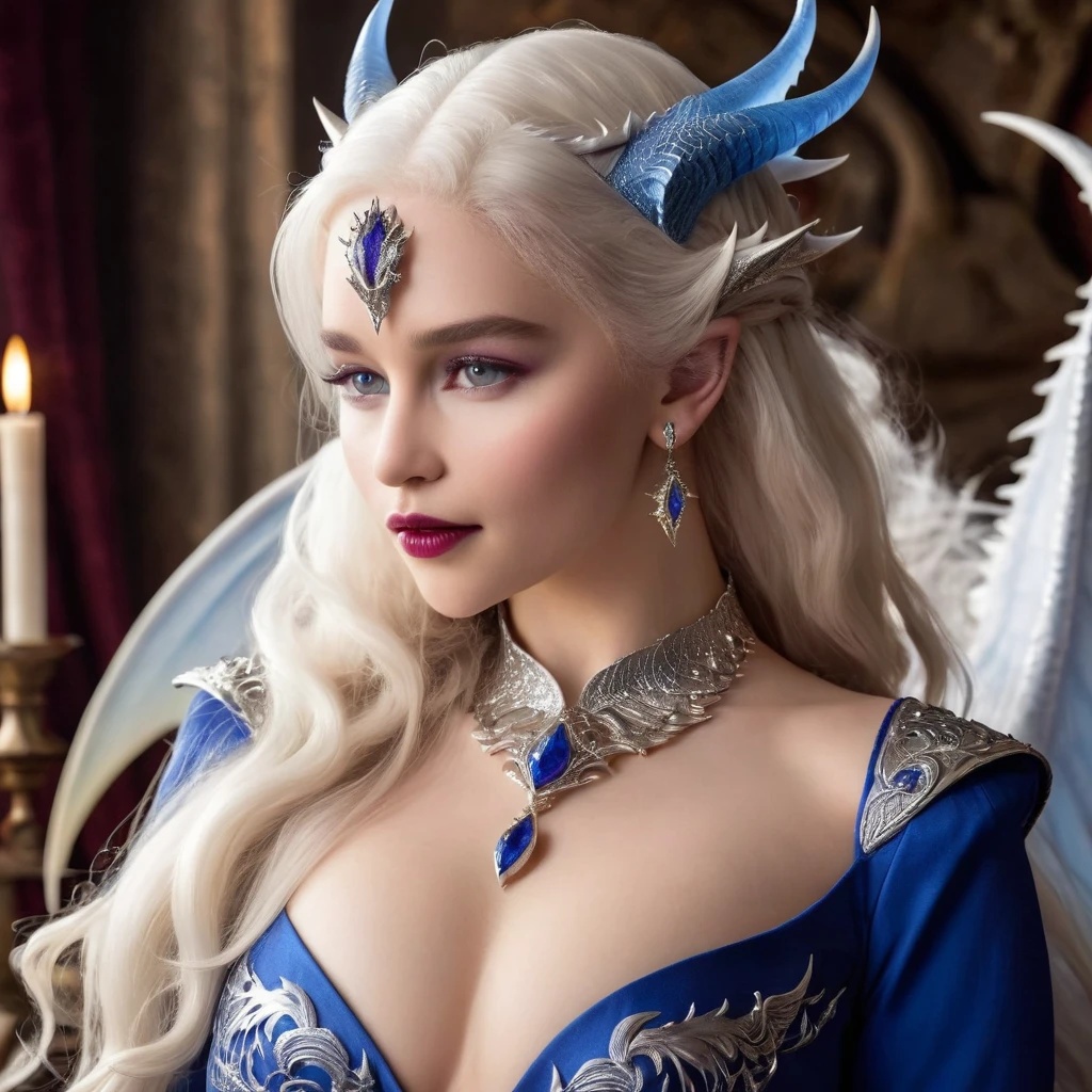 Queen of the White Dragon, young woman, "EMÍLIACLARKE", elegant blue dress, large breast, Curvy, hair blonde targaryen, Super Long Hair, soft facial features, White dragon horns on his head, majestic woman, silver jewelry decoration on her Ruby dress, Silver Star Queen, Big violet eyes, nud lips, White dragons, starly sky