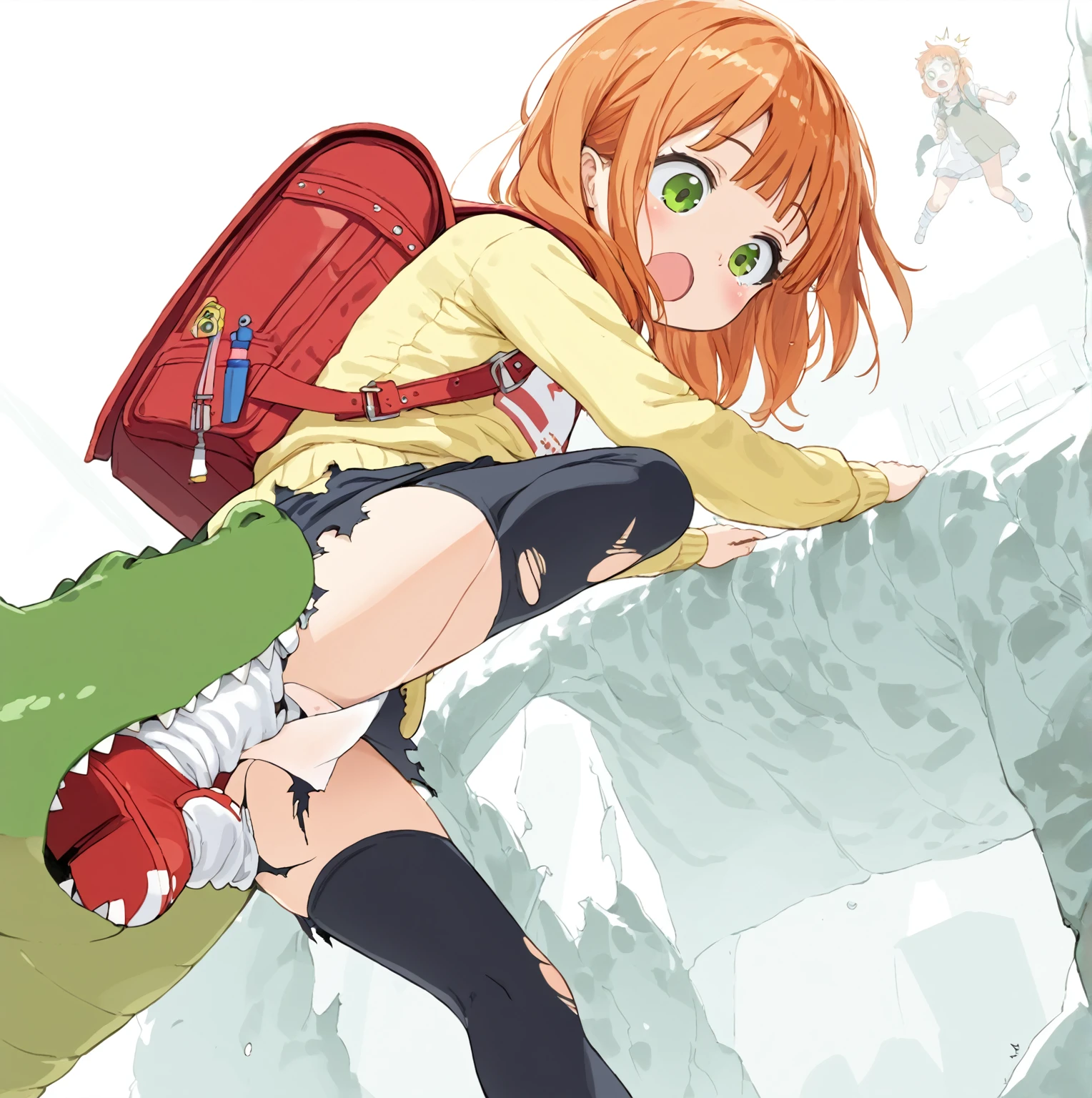 masterpiece, best quality, young girl , torn outfit, torn undies, torn long socks, red shoes, ginger hair, green eyes, surprised, climbing, from below, bare bottom, red backpack, (bitten in the ass by crocodile), cute