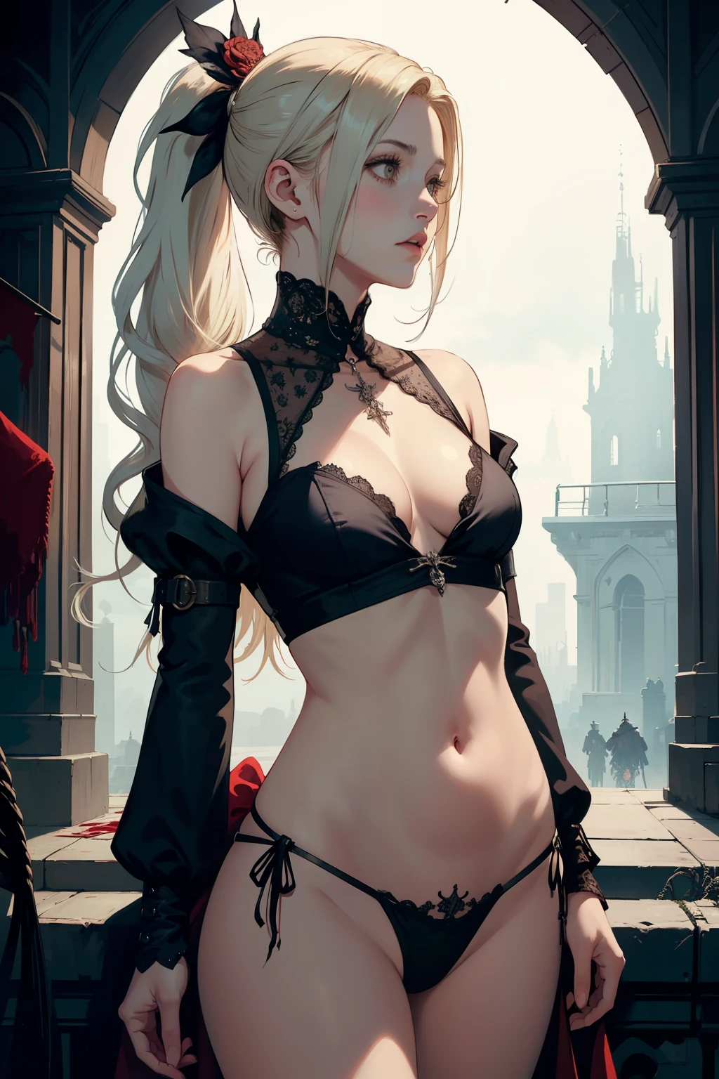  ((best quality)), ((masterpiece)), (detailed), 1girl, NSFW, small breasts, prominent collarbones, skinny arms, flat stomach, visible hip bones, long hair, red hair, white hair, blonde hair, dark hair, ponytail, thick ponytail, heavy ponytail, red and white clothing, Bloodborne inspired, occult aesthetic, occult, detailed and intricate steampunk and detailed gothic