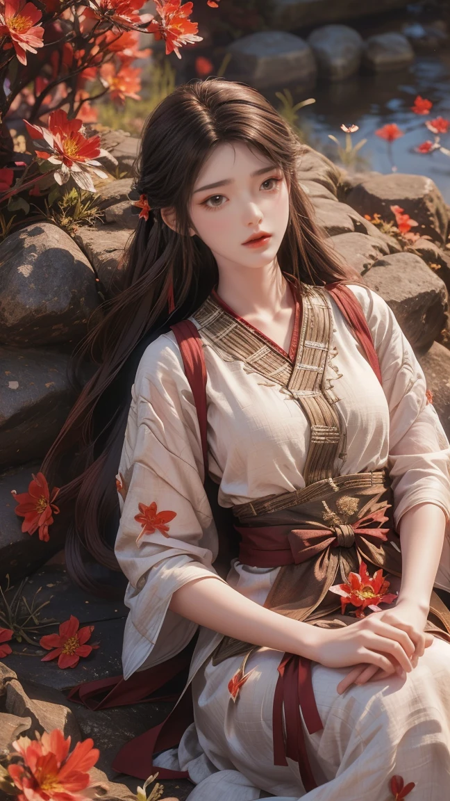 1girl, girl with long black hair, smiling, cheerful, the girl wearing white long dress, girl is lie down among a wide expanse of flowers,girl posing gracefully , surrounded by beautiful flowers, Calm and peaceful atmosphere, night, moonlight , Beautiful glowing butterflies surround the girl lighting up the darkness of the night, magic,Romantic, the night breeze blows the Sepoi Sepoi girl's hair,