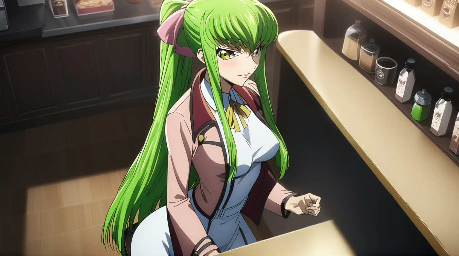 1girl, c.c., code geass, masterpiece, best quality, very aesthetic, absurdres, (faint light), (deep shadows), anime coloring, nsfw, blush, cinematic lighting, realistic shadows, fine_ascxl, anime screencap, medium_breasts, green hair, smirk, Inside the store、Coffee shop、table、Chair、1girl, 独奏, ribbon, yellow_eyes, dress, looking_at_viewer, pink_jacket, very_long_hair, hair_ribbon, yellow_ribbon, jacket, Neck_ribbon, hair_between_eyes, white_dress, bangs, ponytail, pink_ribbon, open_clothes, open_jacket, long_sleeves