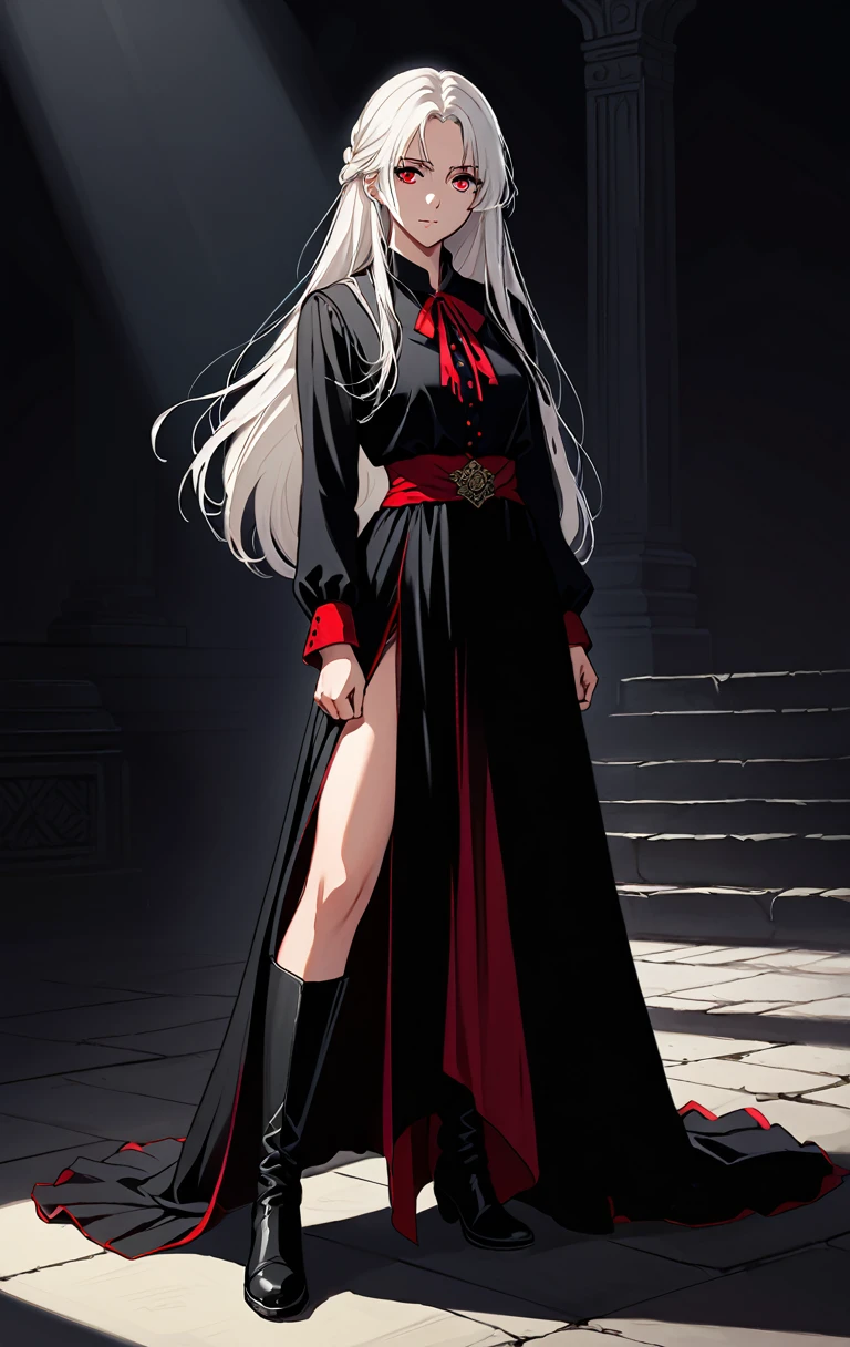 Girl, 20 years old, with long white hair down to below her waist, a serious yet tender expression, and red eyes. Her hair features black streaks. She wears antique-style clothing, a long black dress with a slit on the legs, and high black boots that almost reach her knees. Her power and background are related to shadows and darkness. dark escense, figth stance