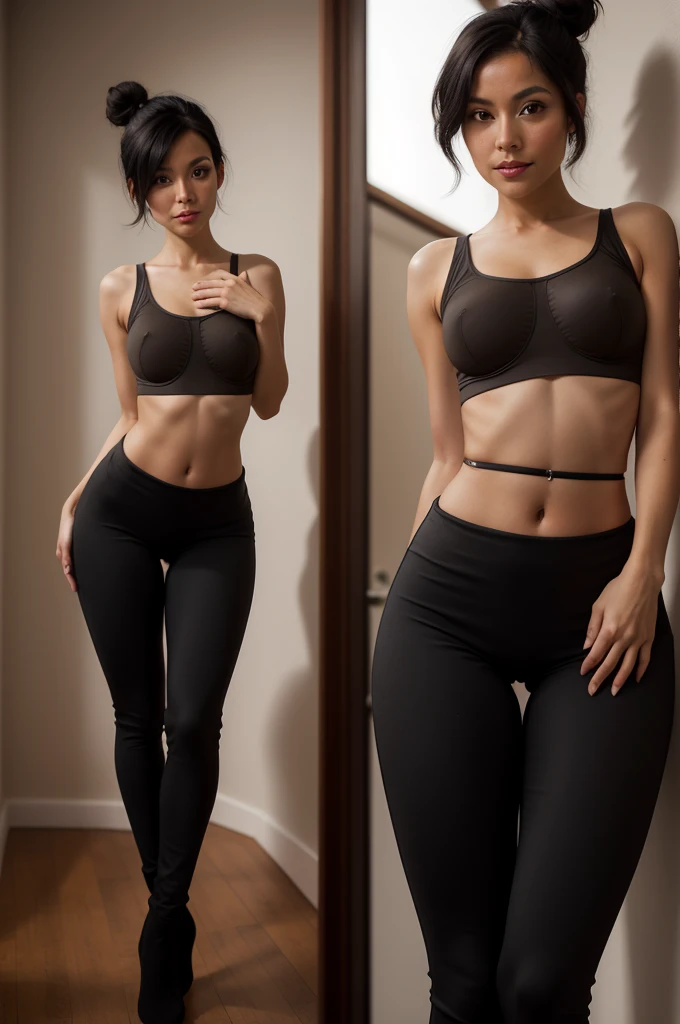 30 year old Latin lady, Skinny body, thin, sexy curves, hourglass curves, hourglass figure, hourglass body, short stature, Skinny body, short black hair, hair with bun, skinny sheepskin pants, sheltered top, wide legs, small waist, shapely hips