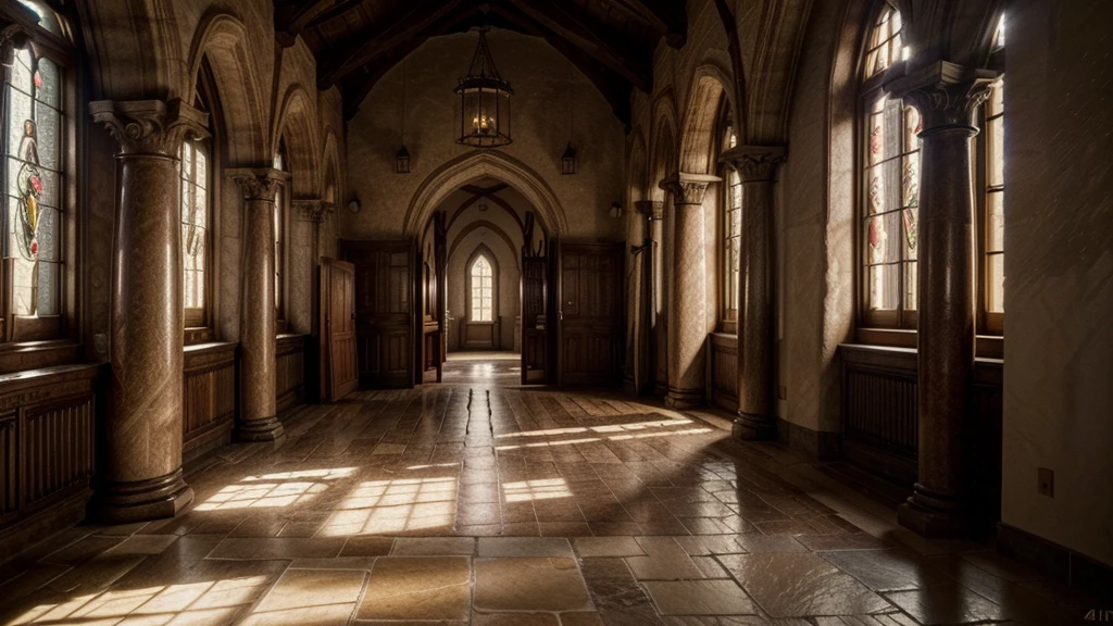 monastery corridor in 1920, stone floor, dim light filtering through narrow windows, medieval architecture, soothing atmosphere, (best quality,4k,8k,highres,masterpiece:1.2),ultra-detailed,(realistic,photorealistic,photo-realistic:1.37),dim lighting,warm color tones,cinematic composition