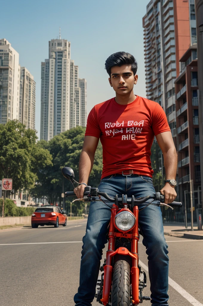 Create 3D realistic image of a 20 year old young boy, name "Rukesh is written on his red t shirt. boy is looking very handsome and stylist, boy is riding KTM bike on a road. in the background there is a view of tall buildings and apartments, behind boy's bike there are cars and bike, hyper realistic photo, 3d photo
