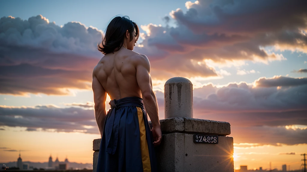 In a detailed eye-level close-up, a muscular man in a Goku wig stands in the back, with his back to the viewer. He is dressed in an orange Goku uniform, with a blue sash cinching his waist. . the person has their back to the viewer and they are looking at an urban landscape. the sky above them is a blue canvas, dotted with fluffy white clouds. the sun is setting, casting a warm glow on the scene.