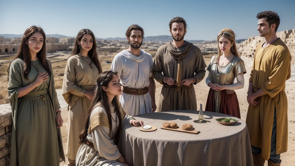 Create an ultra-realistic image of many people from the 1st century in Israel, wearing tunic-style clothing, without wearing hats, and draw the features of the men and women of that time.