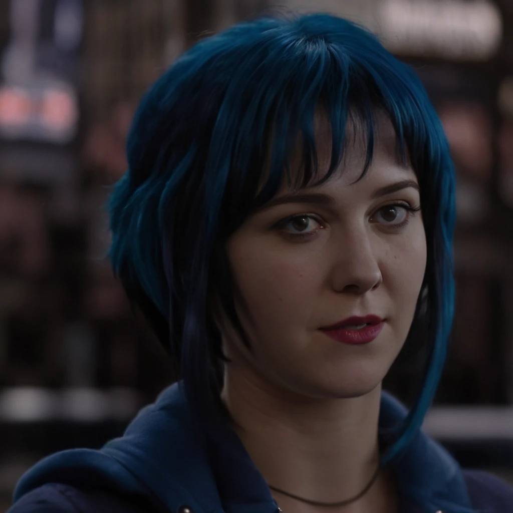 a picture of (ohwx woman:1.1), blue short bob hair,realistic, photorealistic, detailed skin, surface scattering, bokeh, skin pores,  city streets,wearing a jacket,outdoors, looking at viewer,detailed face,subtle smile, Ramona flowers  hair,with blue hair  