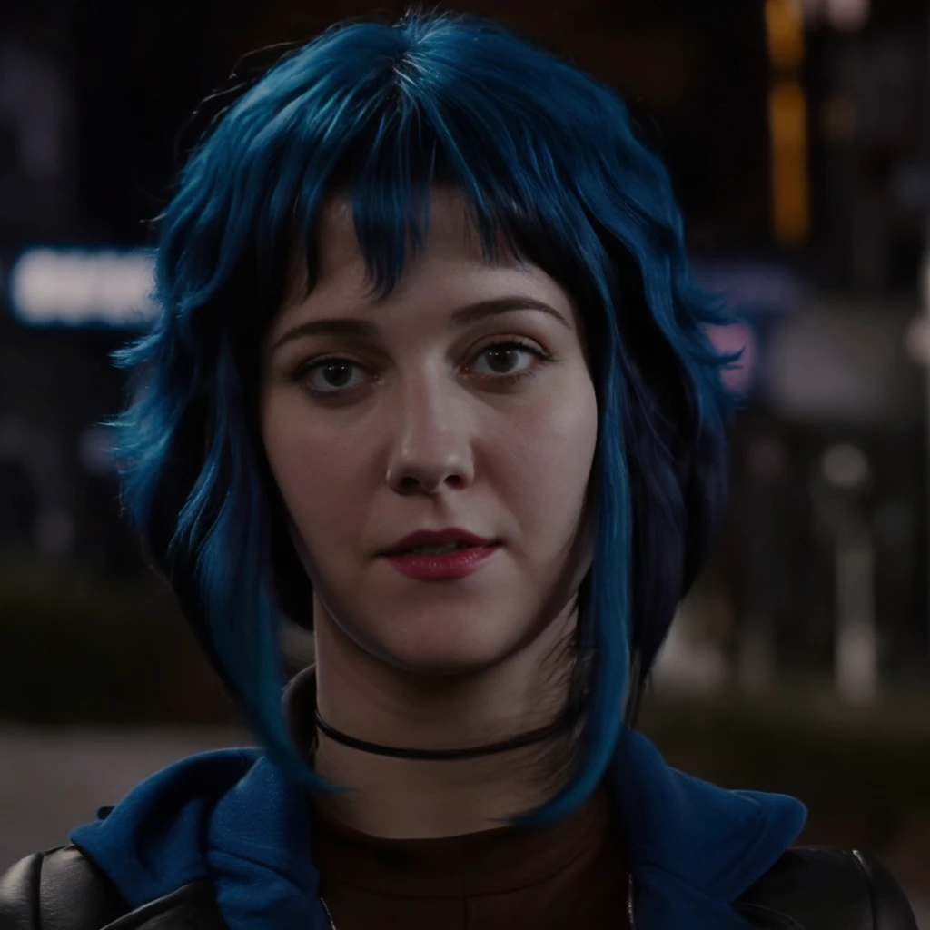 a picture of (ohwx woman:1.1), blue short bob hair,realistic, photorealistic, detailed skin, surface scattering, bokeh, skin pores,  city streets,wearing a jacket,outdoors, looking at viewer,detailed face,subtle smile, Ramona flowers  hair,with blue hair  