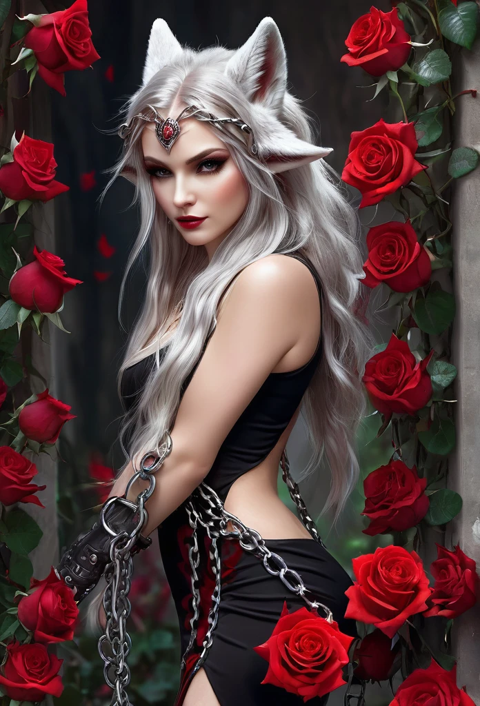 BEAUTIFUL ELF,fully body, (evil expression),(elf ear)short, bodycon dress,pulling a huge wolf(wolf bigger than elf}chained to your hand,red roses around you