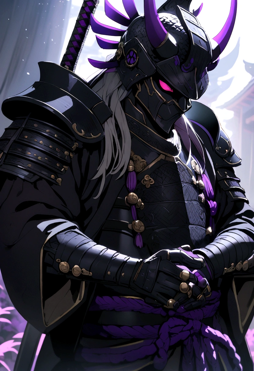 A samurai in a black armor with two purple katanas in his hands 