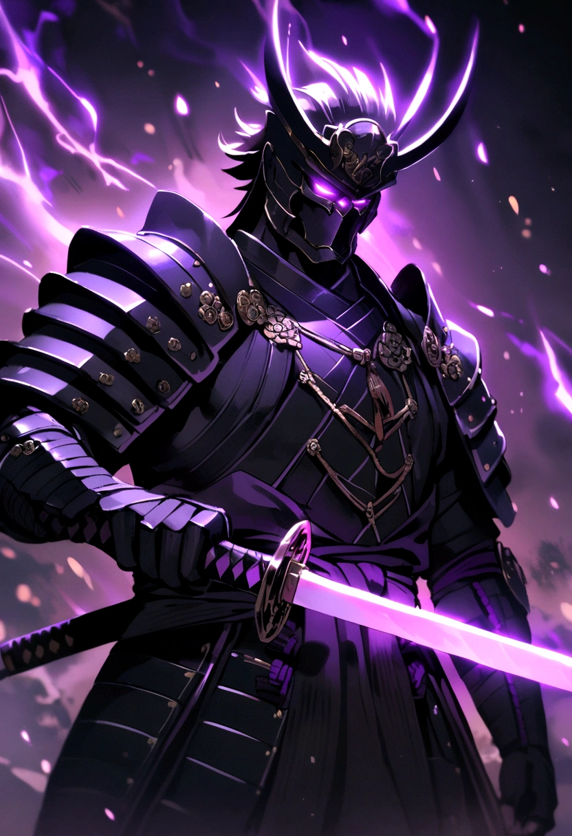 A samurai in a black armor with two purple katanas in his hands 