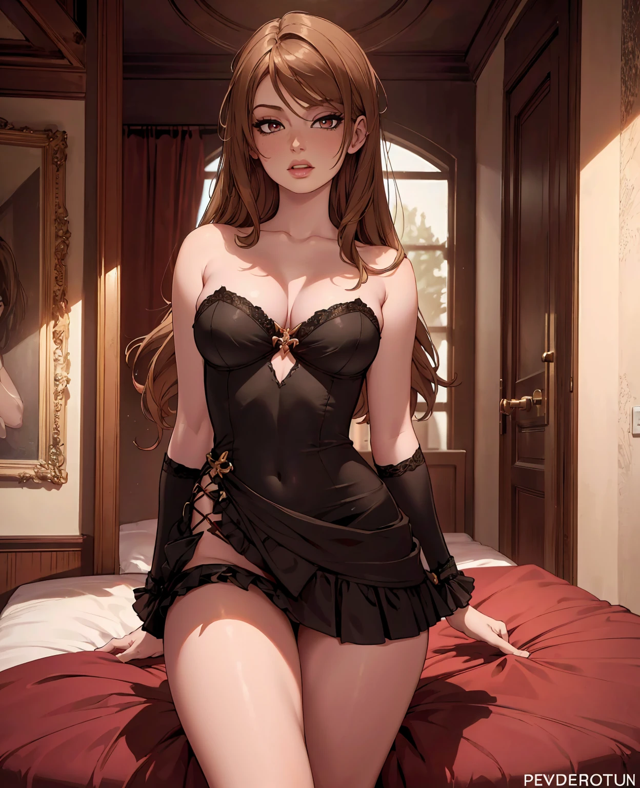 A beautiful girl with long, flowing hair, penetrating eyes, full lips, and an alluring expression, wearing a tight-fitting, revealing dress, posing seductively in an elegant, dimly lit bedroom setting, (best quality,4k,8k,highres,masterpiece:1.2),ultra-detailed,(realistic,photorealistic,photo-realistic:1.37),cinematic lighting,dramatic shadows,warm color palette,high fashion photography,glamorous,sultry,sensual,provocative