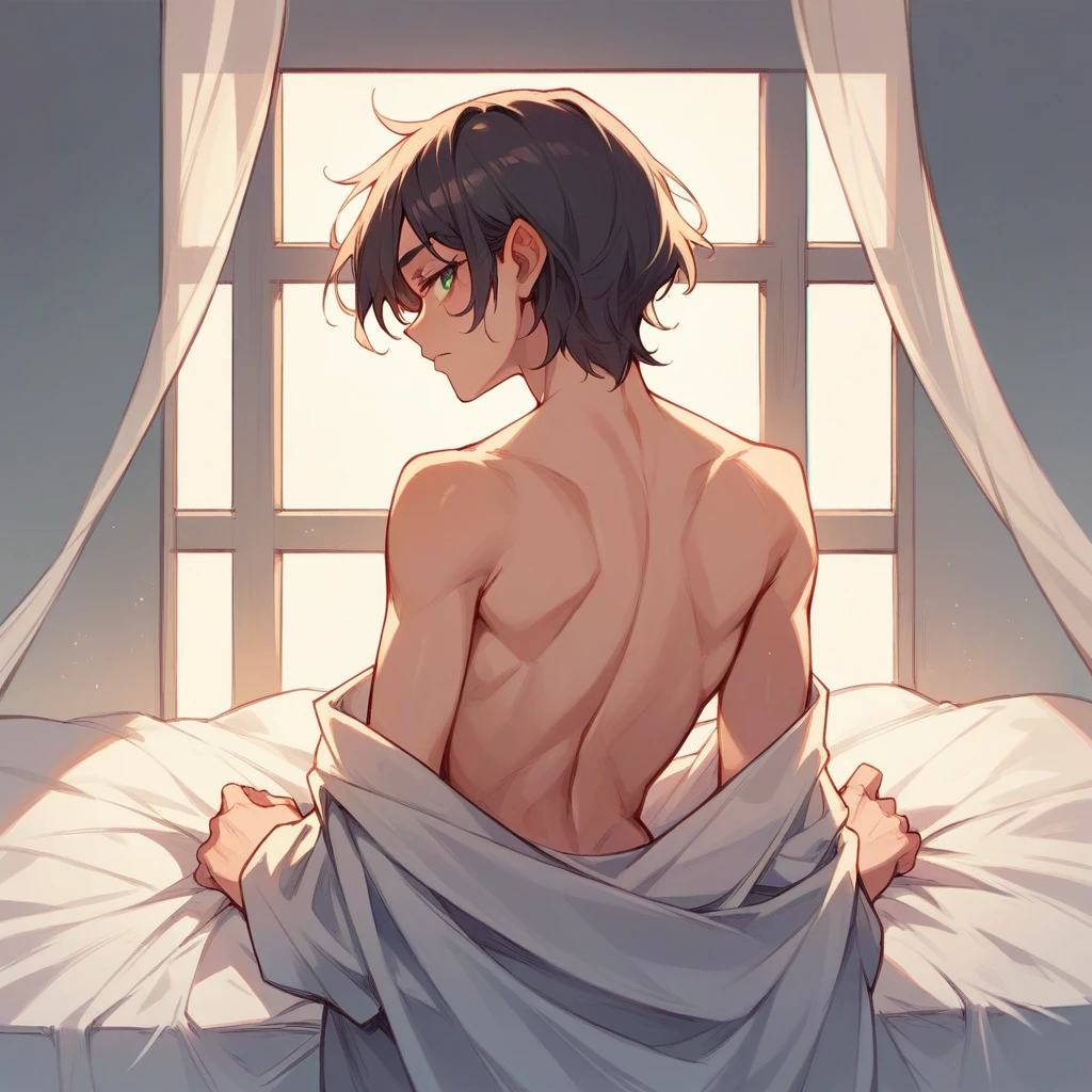 generates an image of a naked woman in her bed covered with sheets looking out the window at her husband standing shirtless who is in the valcom