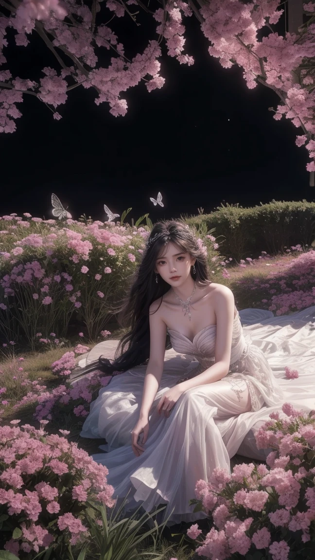 1girl, girl with long black hair, smiling, cheerful, the girl wearing white long dress, girl is lie down among a wide expanse of flowers,girl posing gracefully , surrounded by beautiful flowers, Calm and peaceful atmosphere, night, moonlight , Beautiful glowing butterflies surround the girl lighting up the darkness of the night, magic,Romantic, the night breeze blows the Sepoi Sepoi girl's hair,