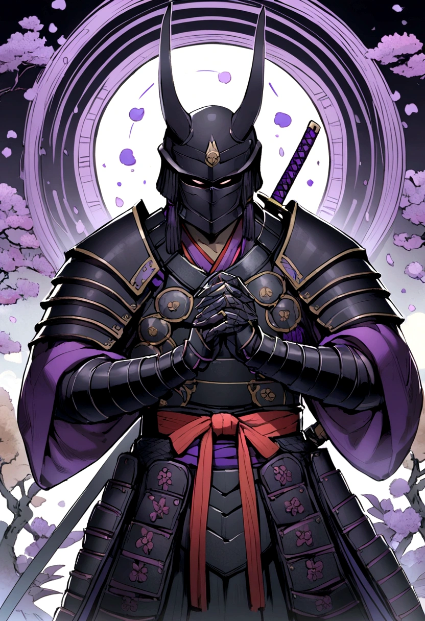 A samurai in a black armor with two purple katanas in his hands 