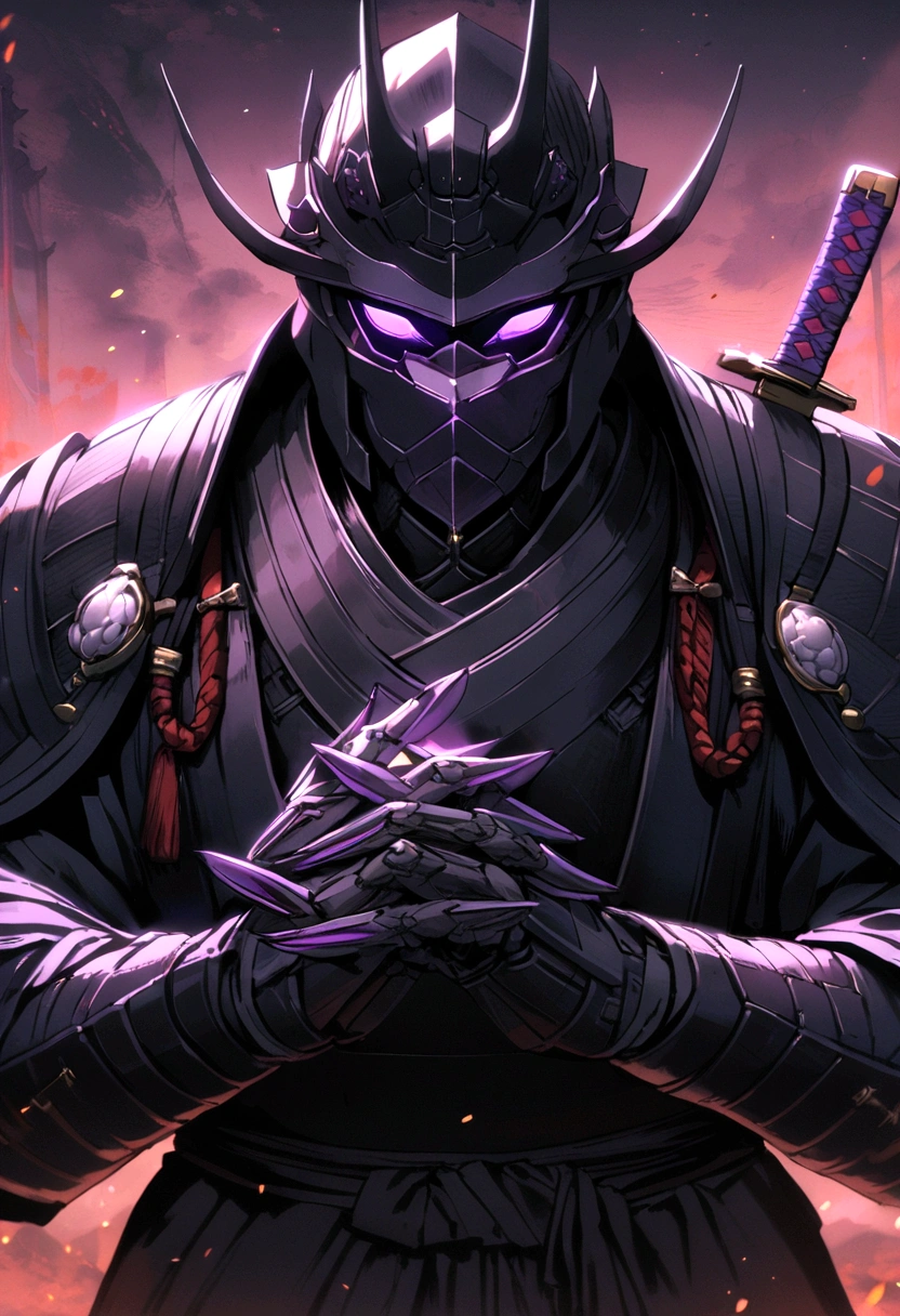 A samurai in a black armor with two purple katanas in his hands 