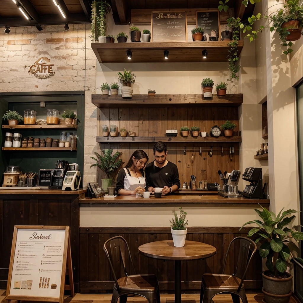 "Draw a realistic café scene on a rainy day. The café has large windows with raindrops trickling down, giving a view of the wet street and pedestrians with umbrellas outside. Inside, capture a cozy atmosphere with wooden tables and chairs, soft ambient lighting, and a variety of patrons. Some customers are reading, others are chatting quietly, and a few are working on laptops. Behind the counter, baristas are preparing coffee, with steam wafting up from the espresso machine. Include an abundance of greenery: potted plants on the floor, hanging plants from the ceiling, and small succulents on the tables, enhancing the warm and inviting ambiance. Add details like a chalkboard menu, shelves with coffee beans and pastries, and a display case with baked goods."