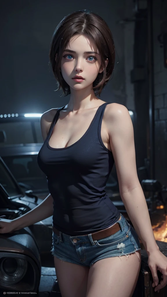 Jill Valentine Resident Evil short dark brown hair, medium pale skin, 
BREAK blue tank top, denim mini shorts,
REST looking at the viewer, REST outside, abandoned city at night with rain, 
BREAK (Masterpiece:1.2), Best Quality, high resolution, unity wallpaper 8k, (illustration:0.8), (Beautiful detailed eyes:1.6), extremely detailed face, perfect lighting, Extremely detailed CG, (perfect hands, perfect anatomy),