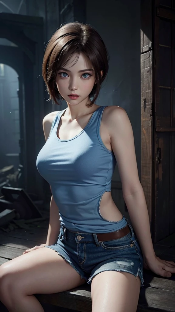 Jill Valentine Resident Evil short dark brown hair, medium pale skin, 
BREAK blue tank top, denim mini shorts,
REST looking at the viewer, REST outside, abandoned city at night with rain, 
BREAK (Masterpiece:1.2), Best Quality, high resolution, unity wallpaper 8k, (illustration:0.8), (Beautiful detailed eyes:1.6), extremely detailed face, perfect lighting, Extremely detailed CG, (perfect hands, perfect anatomy),