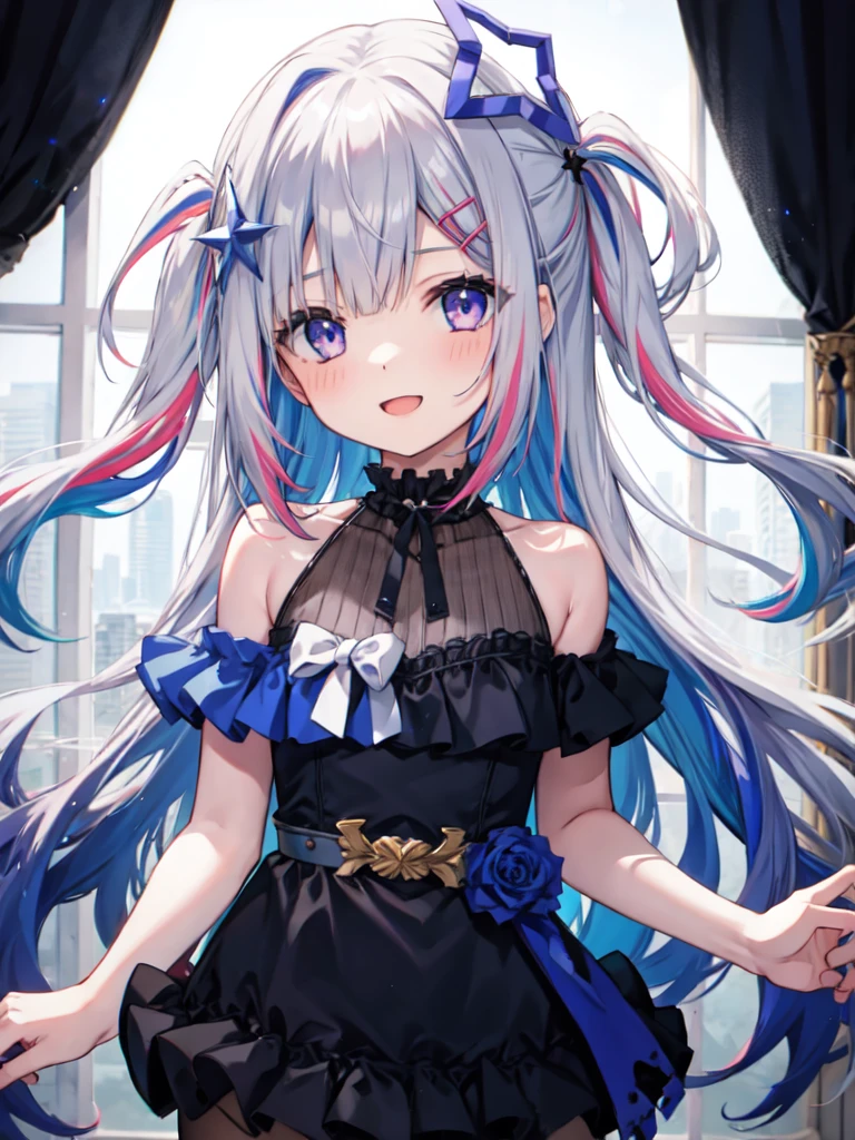 1girl, long hair, multicolored hair, official alternate hair length, grey hair, colored inner hair, blue hair, purple eyes, halo, star halo, hair ornament, looking at viewer, bangs, open mouth, two side up, frills, hairclip, cowboy shot, sea, smile, swimsuit