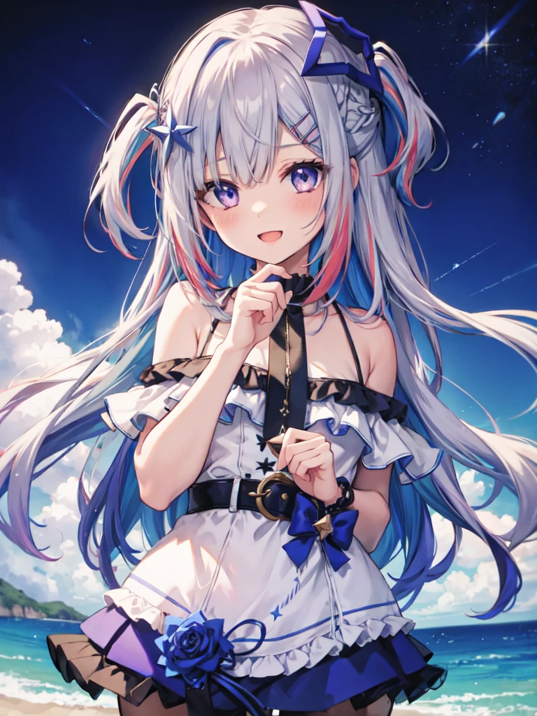 1girl, long hair, multicolored hair, official alternate hair length, grey hair, colored inner hair, blue hair, purple eyes, halo, star halo, hair ornament, looking at viewer, bangs, open mouth, two side up, frills, hairclip, cowboy shot, sea, smile, swimsuit