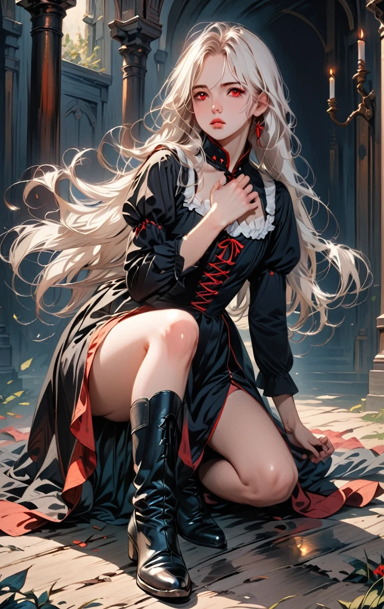 Girl, 20 years old, with long white hair down to below her waist, a serious yet tender expression, and red eyes. Her hair features black streaks. She wears antique-style clothing, a long black dress with a slit on the legs, and high black boots that almost reach her knees. Her power and background are related to shadows and darkness. dark escense, figth stance