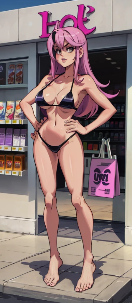 Masterpiece, best quality, Masterpiece, best quality, 1 woman , pink hair , long purple eyes , sly face , black bikini , big breasts , abdomen , Long legs , Put your hands on your hips..... , Barefoot , full body , convenience store ,
