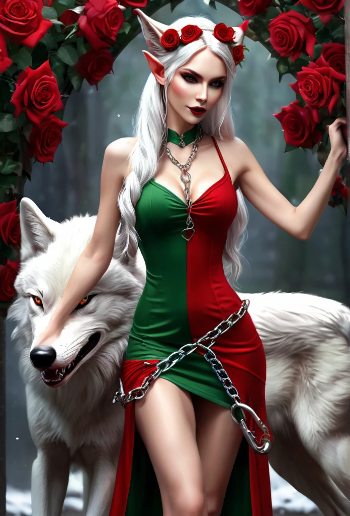 BEAUTIFUL ELF,fully body, (evil expression),(elf ear)short, bodycon dress,pulling a huge wolf by the chain(wolf bigger than elf}red roses around you 