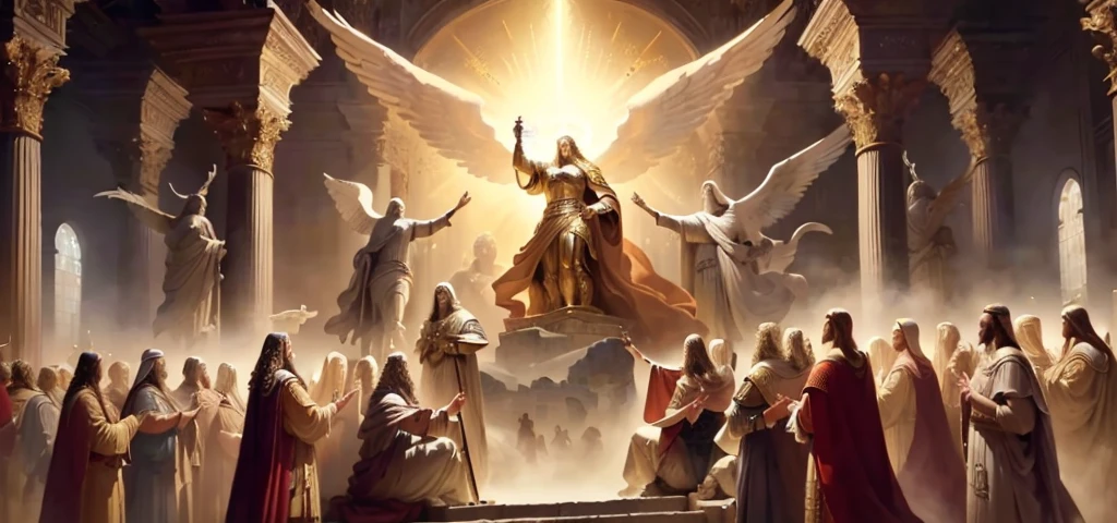 a painting of a group of people around a large statue, epic biblical representation, arte conceitual de deus, the god emperor of mankind, king of kings, by Eugeniusz Zak, biblical epic film, por Aleksi Briclot, por Konrad Klapheck, Holy Spirit, god emperor, holy imagery, apotheosis