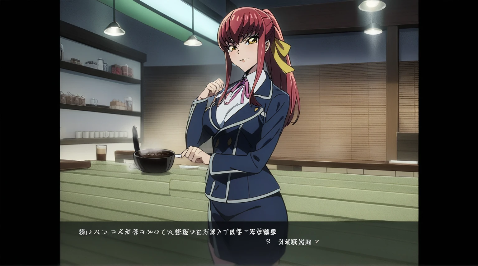 1girl, c.c., code geass, masterpiece, best quality, very aesthetic, absurdres, (faint light), (deep shadows), anime coloring, nsfw, blush, cinematic lighting, realistic shadows, fine_ascxl, anime screencap, medium_breasts, green hair, smirk, Inside the store、Coffee shop、table、Chair、1girl, 独奏, ribbon, yellow_eyes, dress, looking_at_viewer, pink_jacket, very_long_hair, hair_ribbon, yellow_ribbon, jacket, Neck_ribbon, hair_between_eyes, white_dress, bangs, ponytail, pink_ribbon, open_clothes, open_jacket, long_sleeves