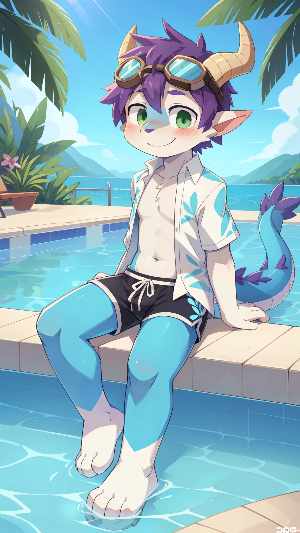 score_9,score_8_up,score_7_up, source_cartoon, source_furry, dragon boy, horns, green eyes, tail, purple hair, shota, , furry, blush, dragon tail, looking at viewer, smile, 1boy, dragon horns, pointy ears, , short hair, furry male, two tone body fur, blue body fur, clear blue body fur, ((goggles, white hawaiian shirt, open clothes, black swim trunks)), full body, feets with three toes, 3 toes, sitting on a pool, pool, clear sky,