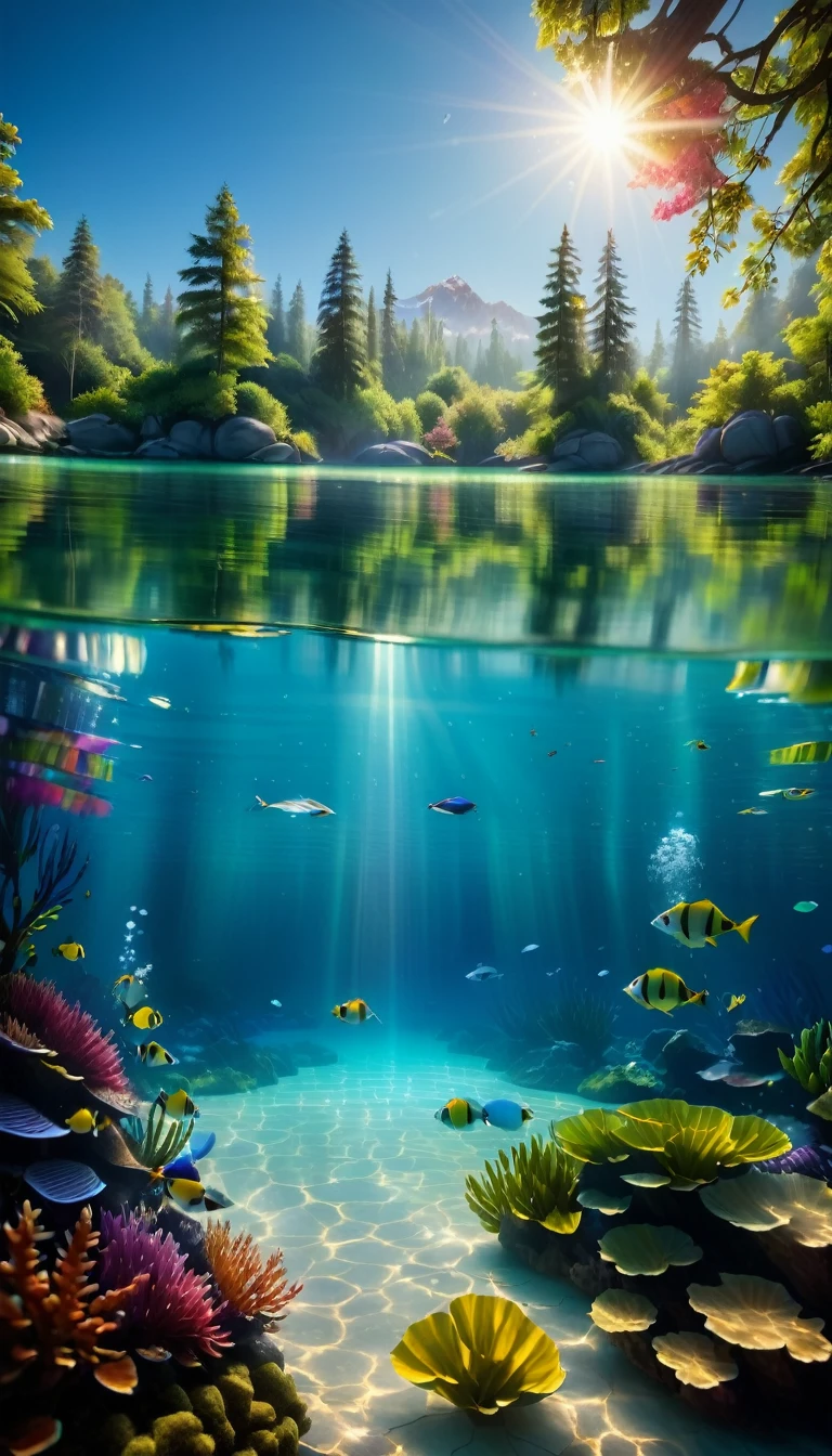 An image of a serene, clear lake with the sun shining brightly, its rays reflecting on the water. The underwater environment is vibrant with colourful plants and gentle fish swimming around.