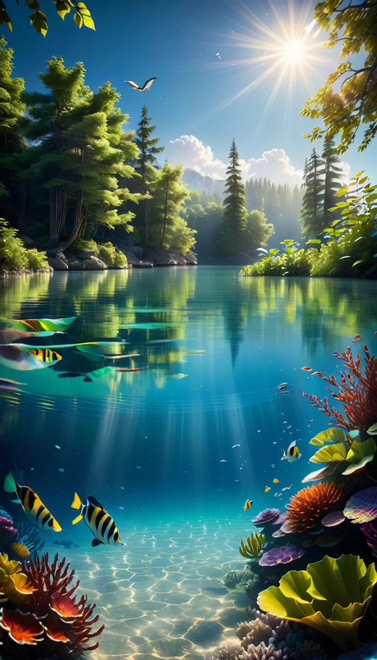 An image of a serene, clear lake with the sun shining brightly, its rays reflecting on the water. The underwater environment is vibrant with colourful plants and gentle fish swimming around.
